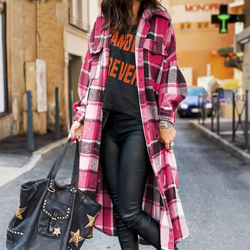 Autumn Winter Long Sleeve Plaid Coat Woolen Oversized Loose Long