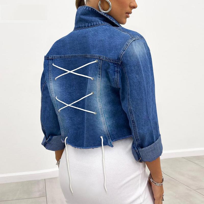 Vintage Denim Jacket Women Casual Lace Up Long Sleeve Short Coats