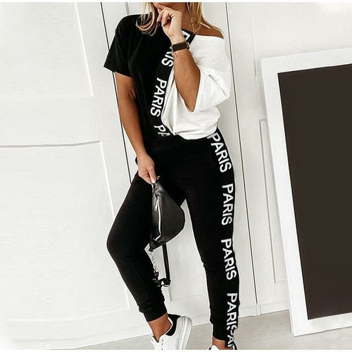 Off Shoulder Hit Color Letter Women Two-piece Set