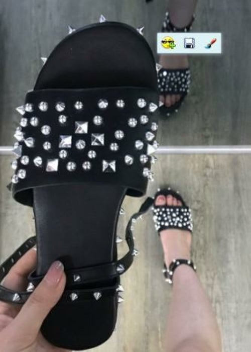 Women Summer New Sandals Flat Heel Rivet Platform Peep Toe Ankle