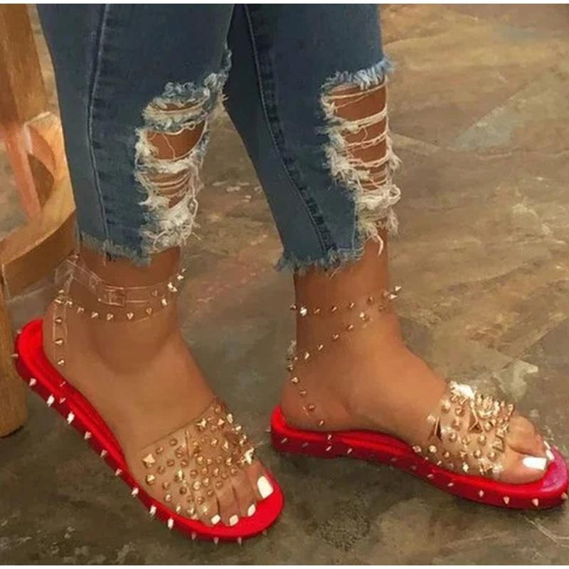 Women Summer New Sandals Flat Heel Rivet Platform Peep Toe Ankle