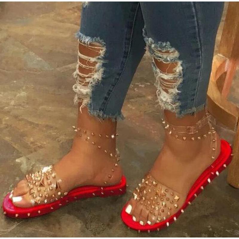 Women Summer New Sandals Flat Heel Rivet Platform Peep Toe Ankle