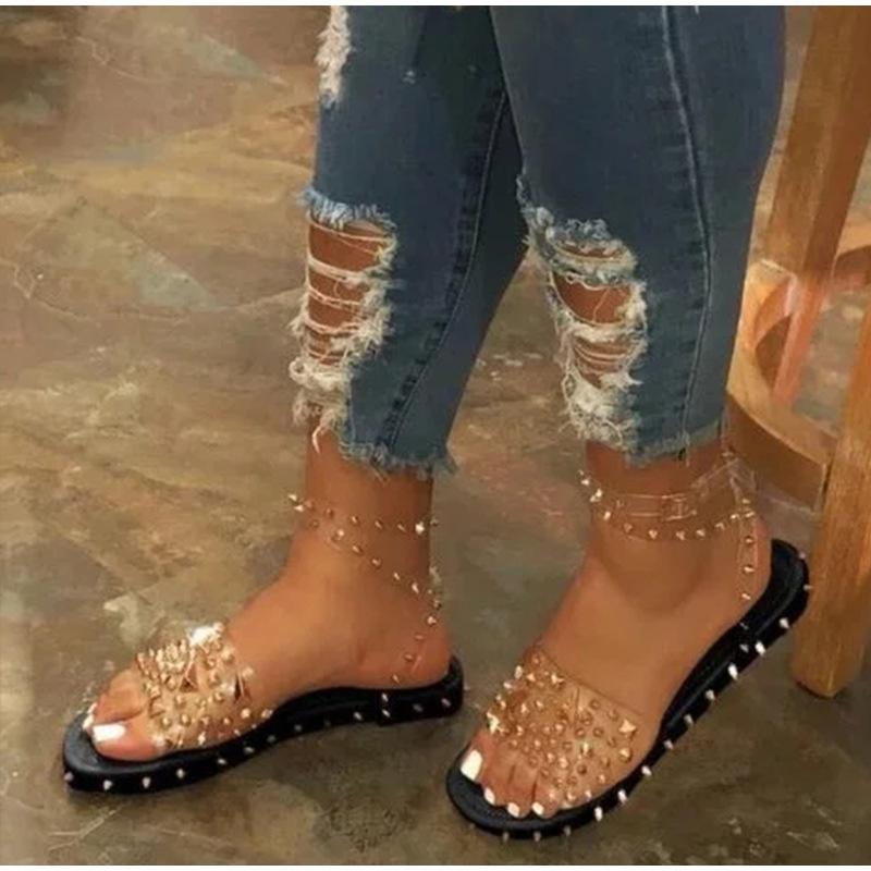 Women Summer New Sandals Flat Heel Rivet Platform Peep Toe Ankle