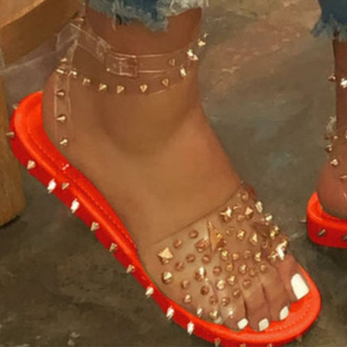 Women Summer New Sandals Flat Heel Rivet Platform Peep Toe Ankle