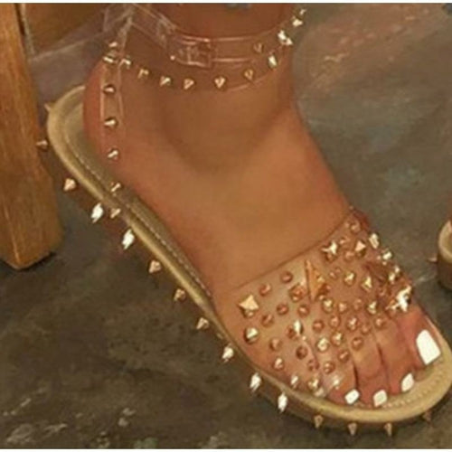 Women Summer New Sandals Flat Heel Rivet Platform Peep Toe Ankle