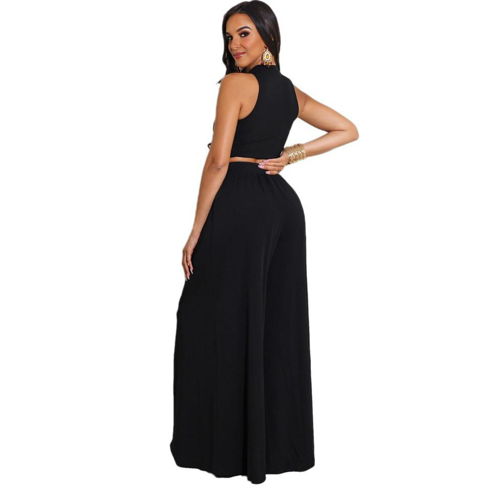 Solid Tank Top and Wide-leg Long Pants Two-piece