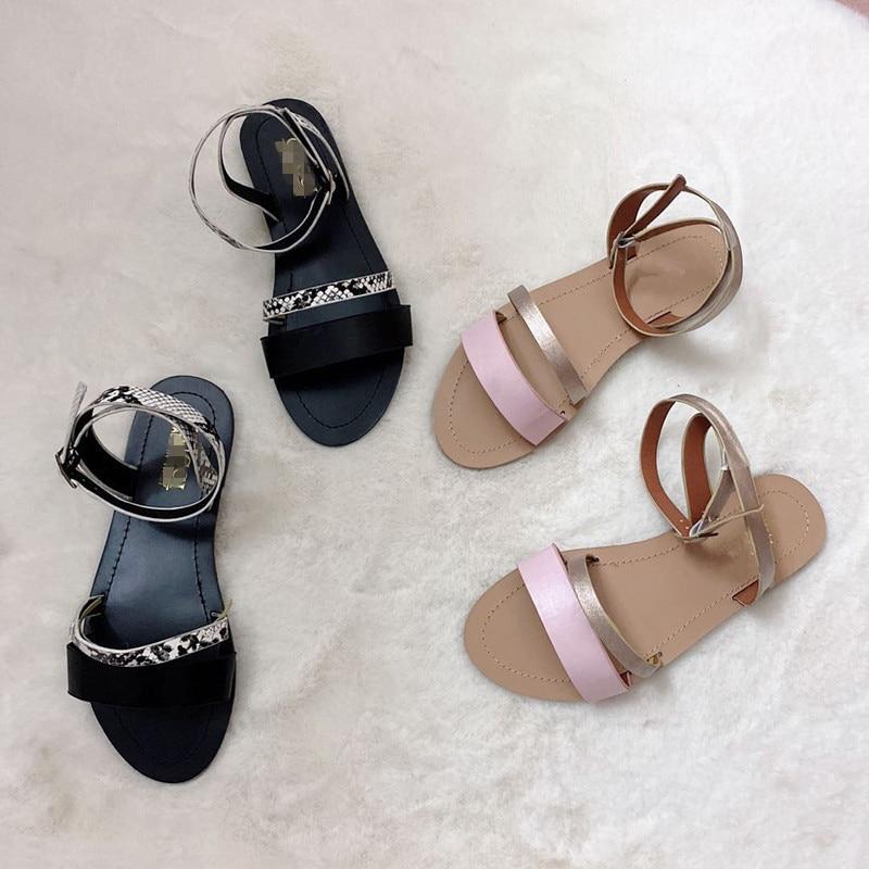 Women Sandals Flat Sanke Summer Casual Beach Gold Ankle Buckle Shoes