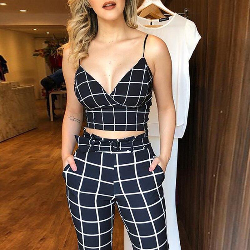 Sexy Off Shoulder Plaid Print Two Piece Suits