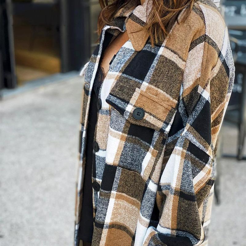 Autumn Winter Long Sleeve Plaid Coat Woolen Oversized Loose Long