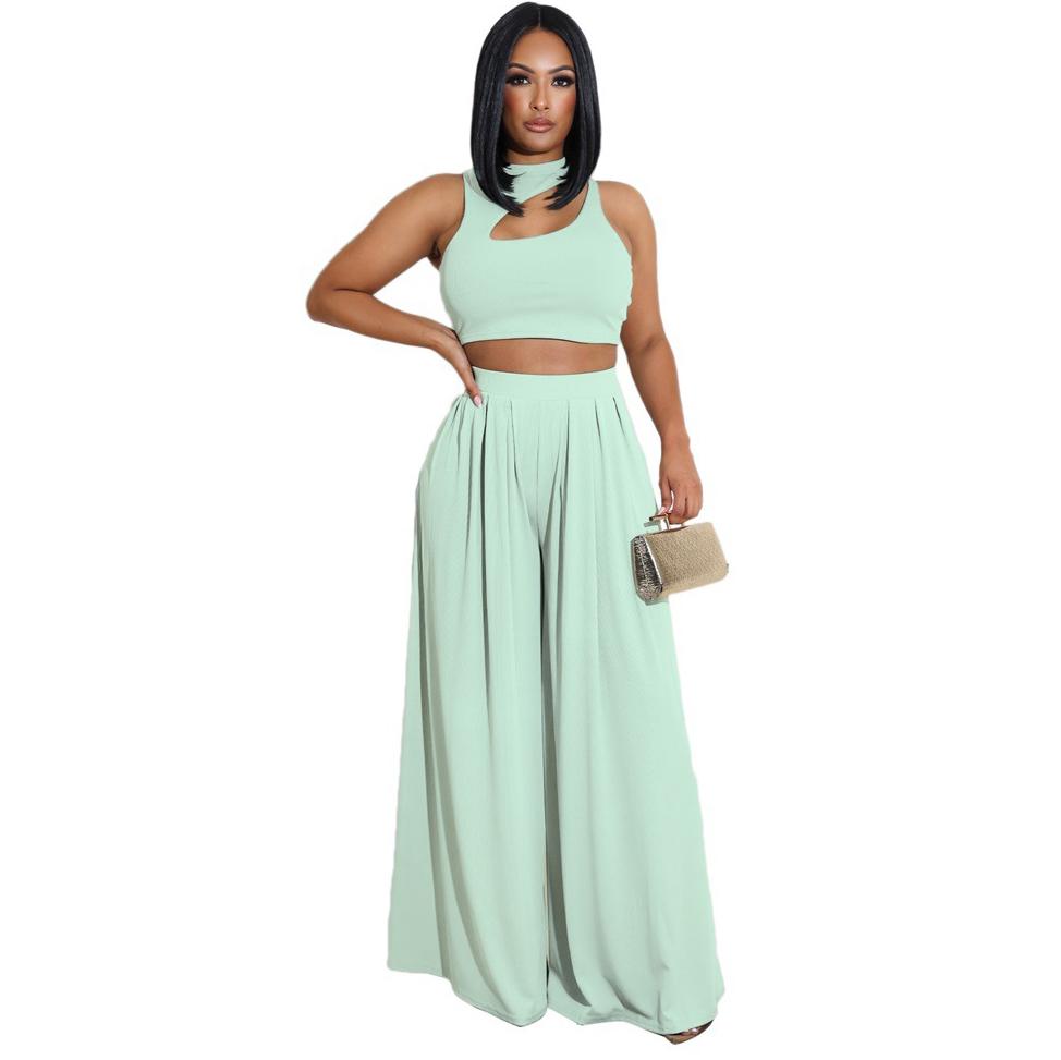 Solid Tank Top and Wide-leg Long Pants Two-piece