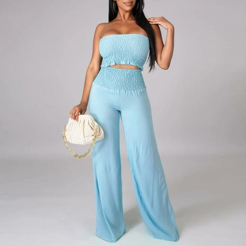 Sleeveless Strapless Pleated Crop Top + Loose Wide Leg Pants