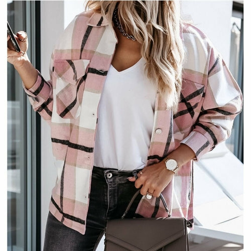 Women Plaid Print Pocket Jackets Fashion Coats