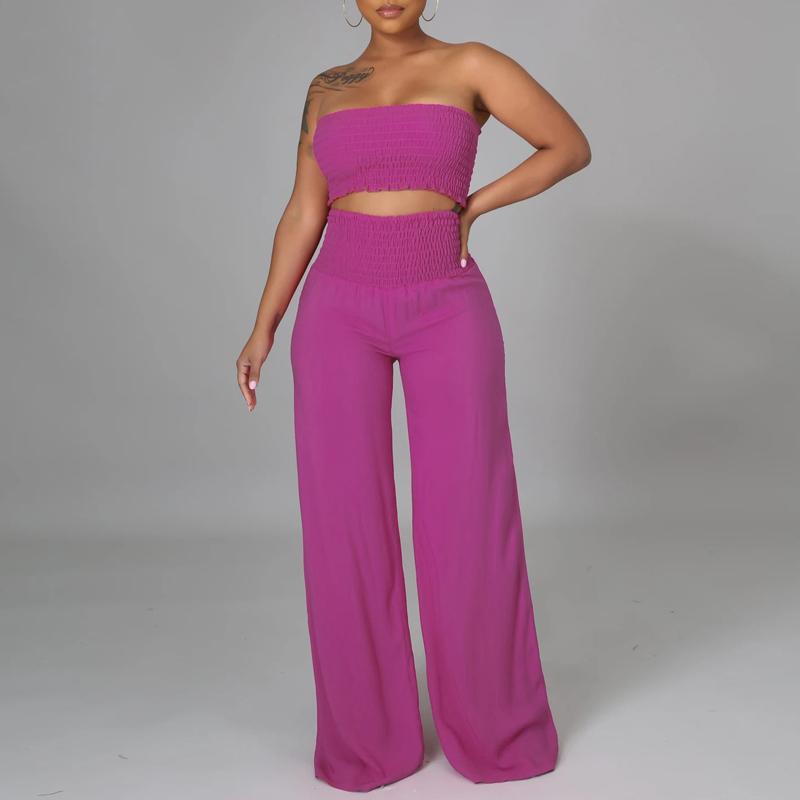 Sleeveless Strapless Pleated Crop Top + Loose Wide Leg Pants