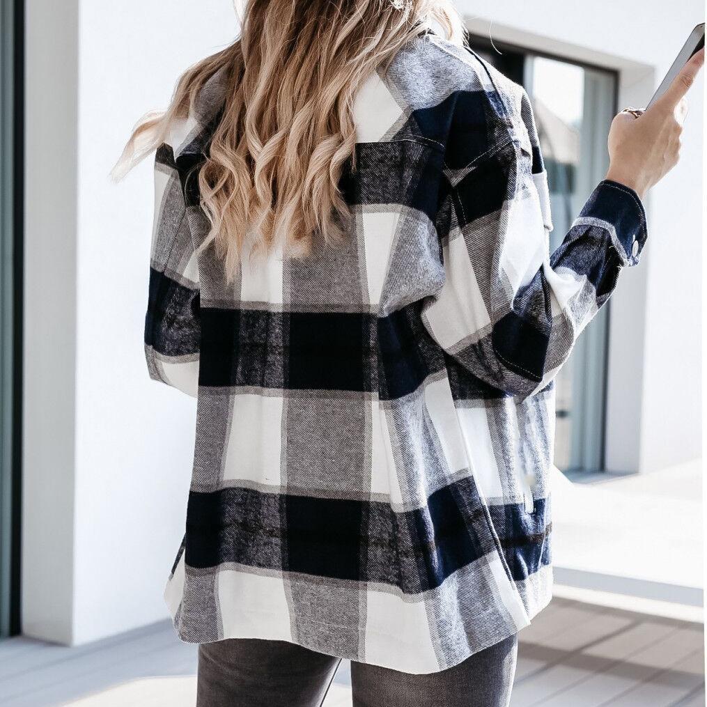 Women Plaid Print Pocket Jackets Fashion Coats