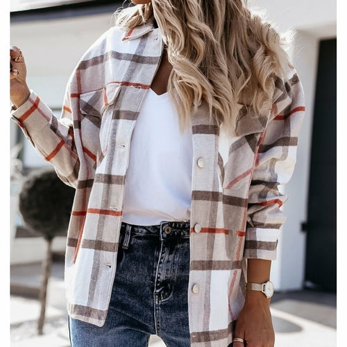 Women Plaid Print Pocket Jackets Fashion Coats