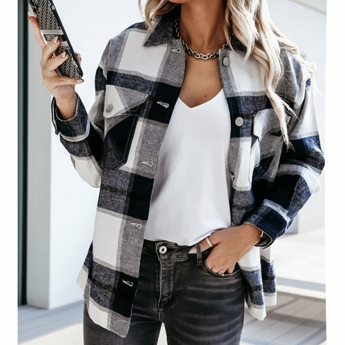 Women Plaid Print Pocket Jackets Fashion Coats