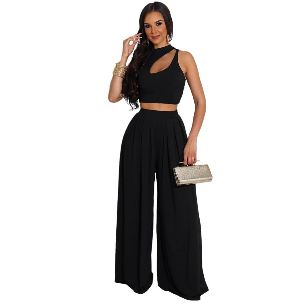 Solid Tank Top and Wide-leg Long Pants Two-piece