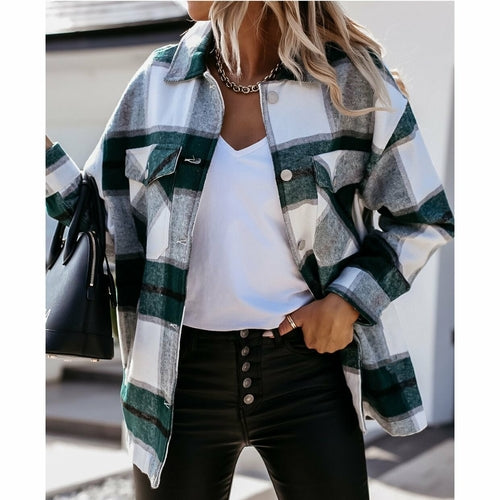 Women Plaid Print Pocket Jackets Fashion Coats