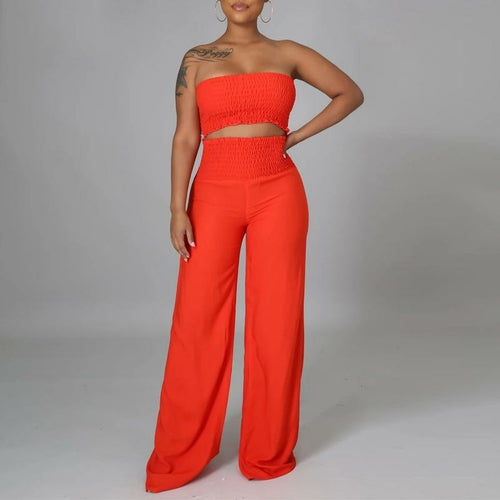 Sleeveless Strapless Pleated Crop Top + Loose Wide Leg Pants