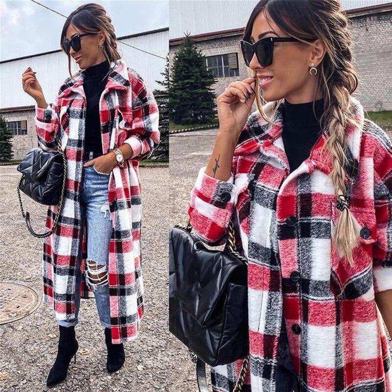 Plaid Women's Long Cardigan Coat  Lapel Single Breasted Slim Coat