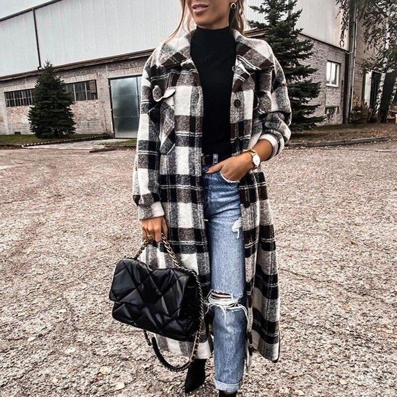 Plaid Women's Long Cardigan Coat  Lapel Single Breasted Slim Coat