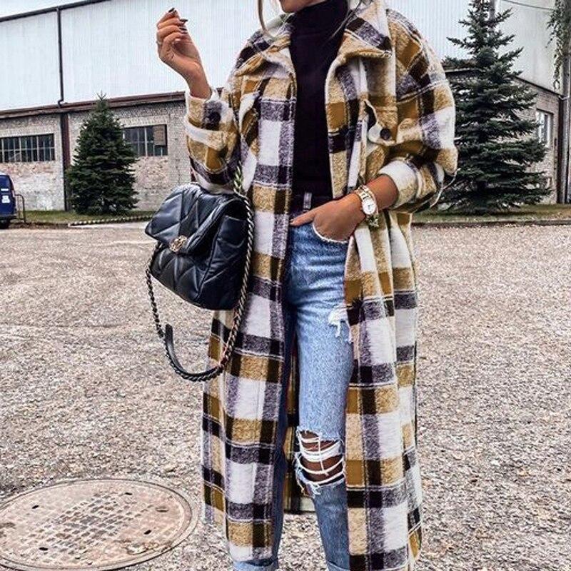 Plaid Women's Long Cardigan Coat  Lapel Single Breasted Slim Coat