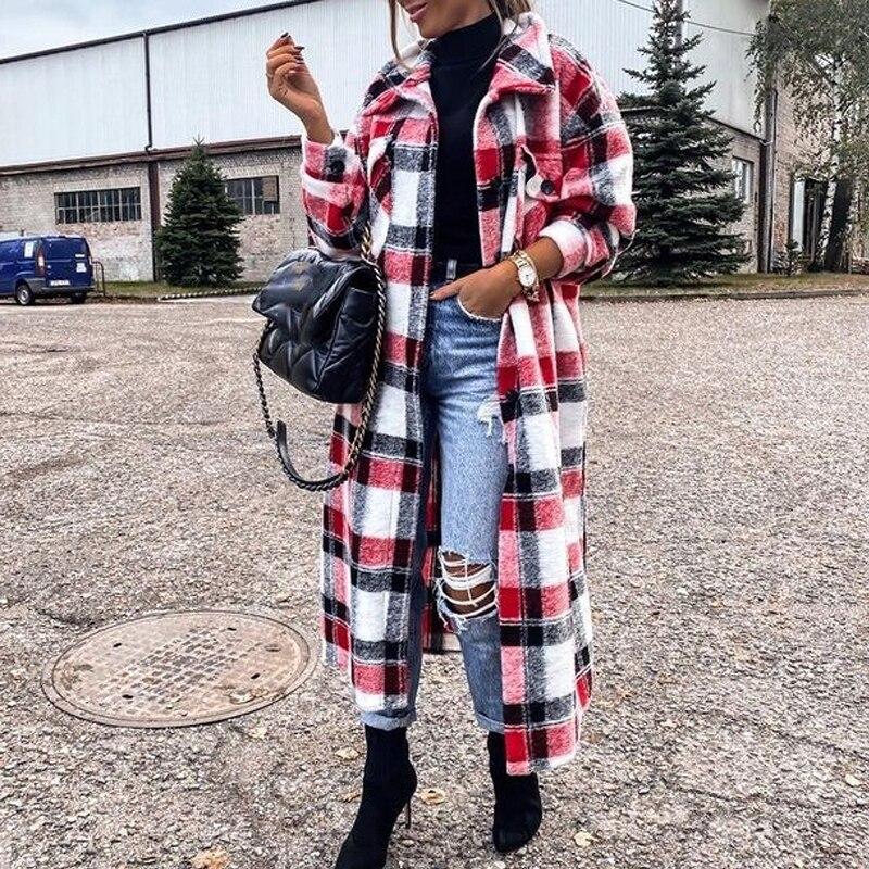 Plaid Women's Long Cardigan Coat  Lapel Single Breasted Slim Coat