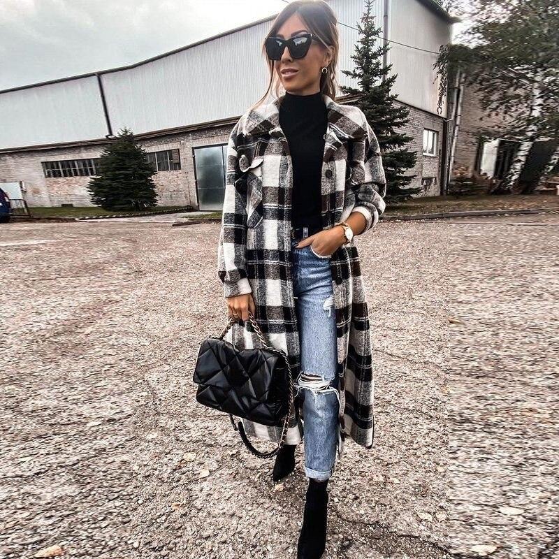 Plaid Women's Long Cardigan Coat  Lapel Single Breasted Slim Coat