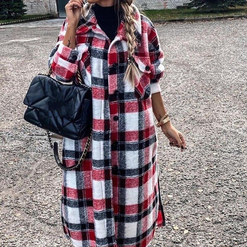 Plaid Women's Long Cardigan Coat  Lapel Single Breasted Slim Coat