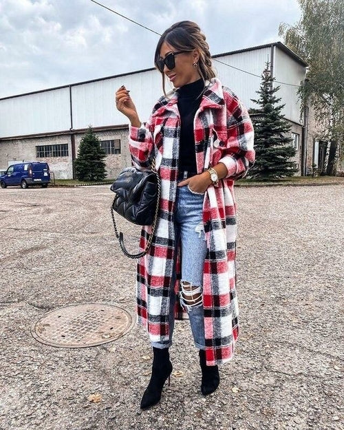 Plaid Women's Long Cardigan Coat  Lapel Single Breasted Slim Coat