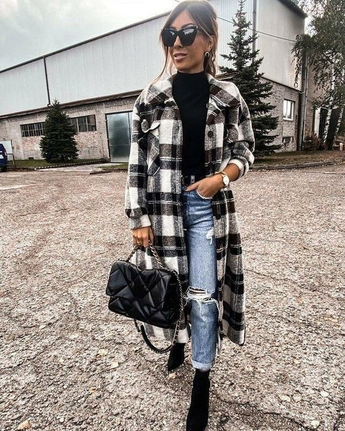 Plaid Women's Long Cardigan Coat  Lapel Single Breasted Slim Coat