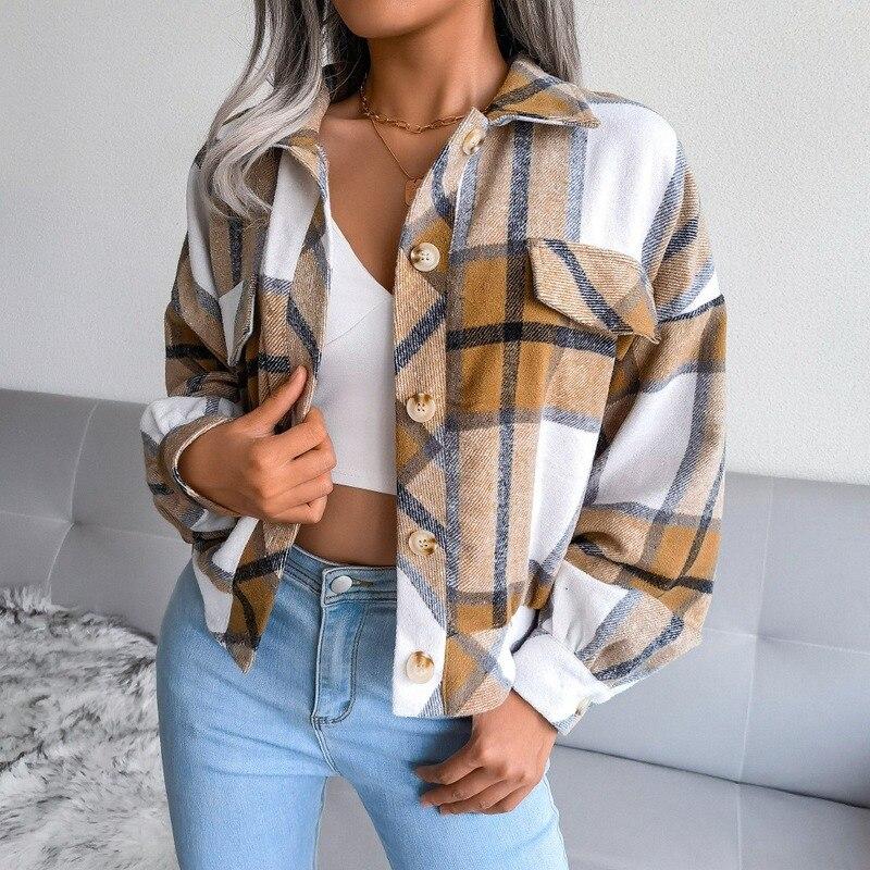 Women Shirts Jacket Plaid Lantern Long-sleeved Woolen Coat