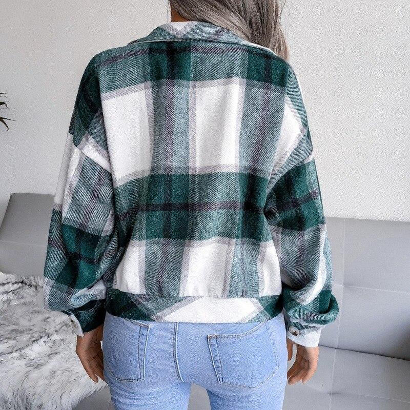 Women Shirts Jacket Plaid Lantern Long-sleeved Woolen Coat