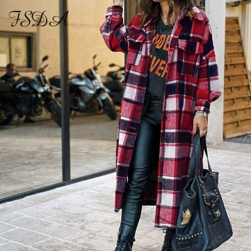 Autumn Winter Long Sleeve Plaid Coat Woolen Oversized Loose Long