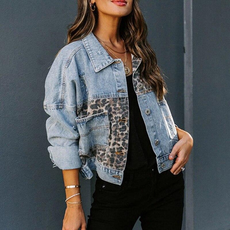 Leopard Print Patchwork Denim Jackets Coat