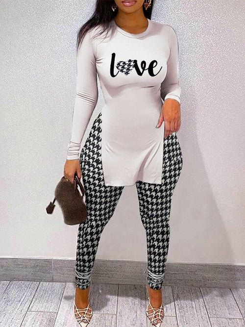 Letter Houndstooth Outfits Women's Two Piece Set Sportswear