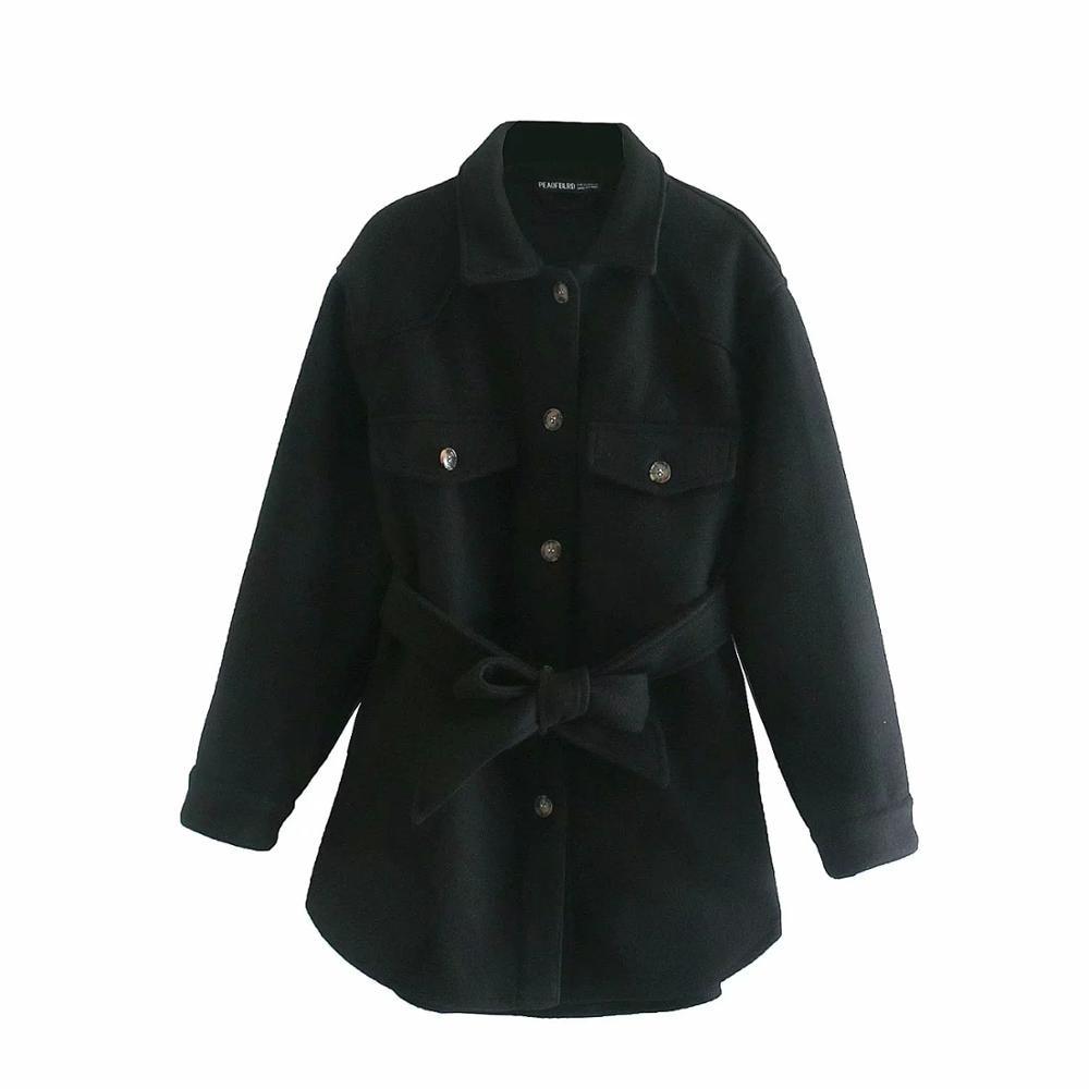 With Belt Loose Woolen Jacket Coat Vintage Long Sleeve Side Pockets