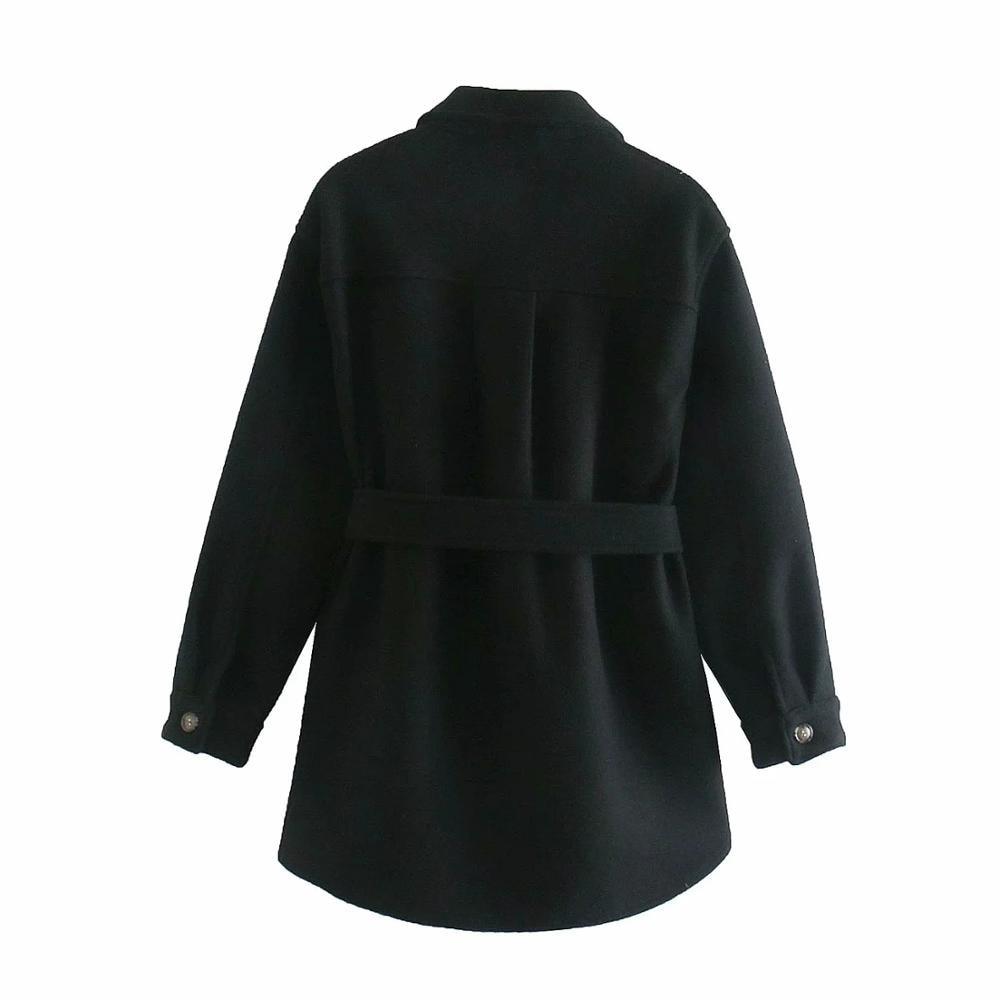 With Belt Loose Woolen Jacket Coat Vintage Long Sleeve Side Pockets