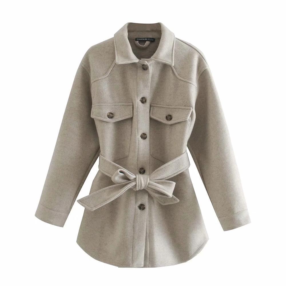 With Belt Loose Woolen Jacket Coat Vintage Long Sleeve Side Pockets