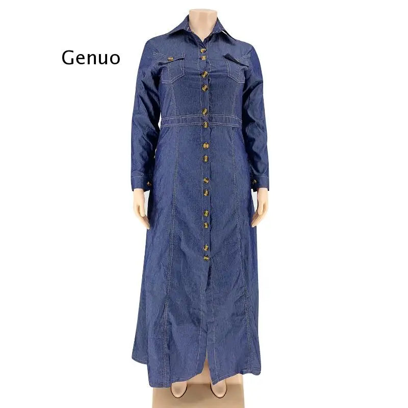 Plus Size Women Solid Floor-length Denim Dresses 2021 Autumn Newest