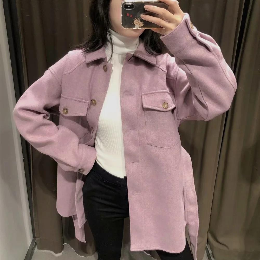 With Belt Loose Woolen Jacket Coat Vintage Long Sleeve Side Pockets