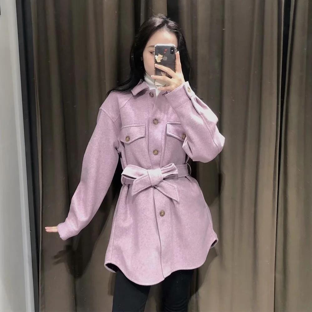 With Belt Loose Woolen Jacket Coat Vintage Long Sleeve Side Pockets