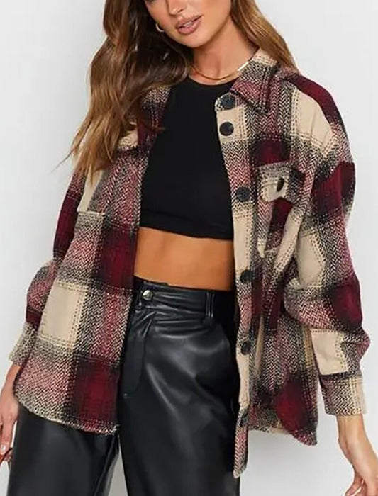 Vintage Plaid Printed Tweed Blouses Shirts Tops