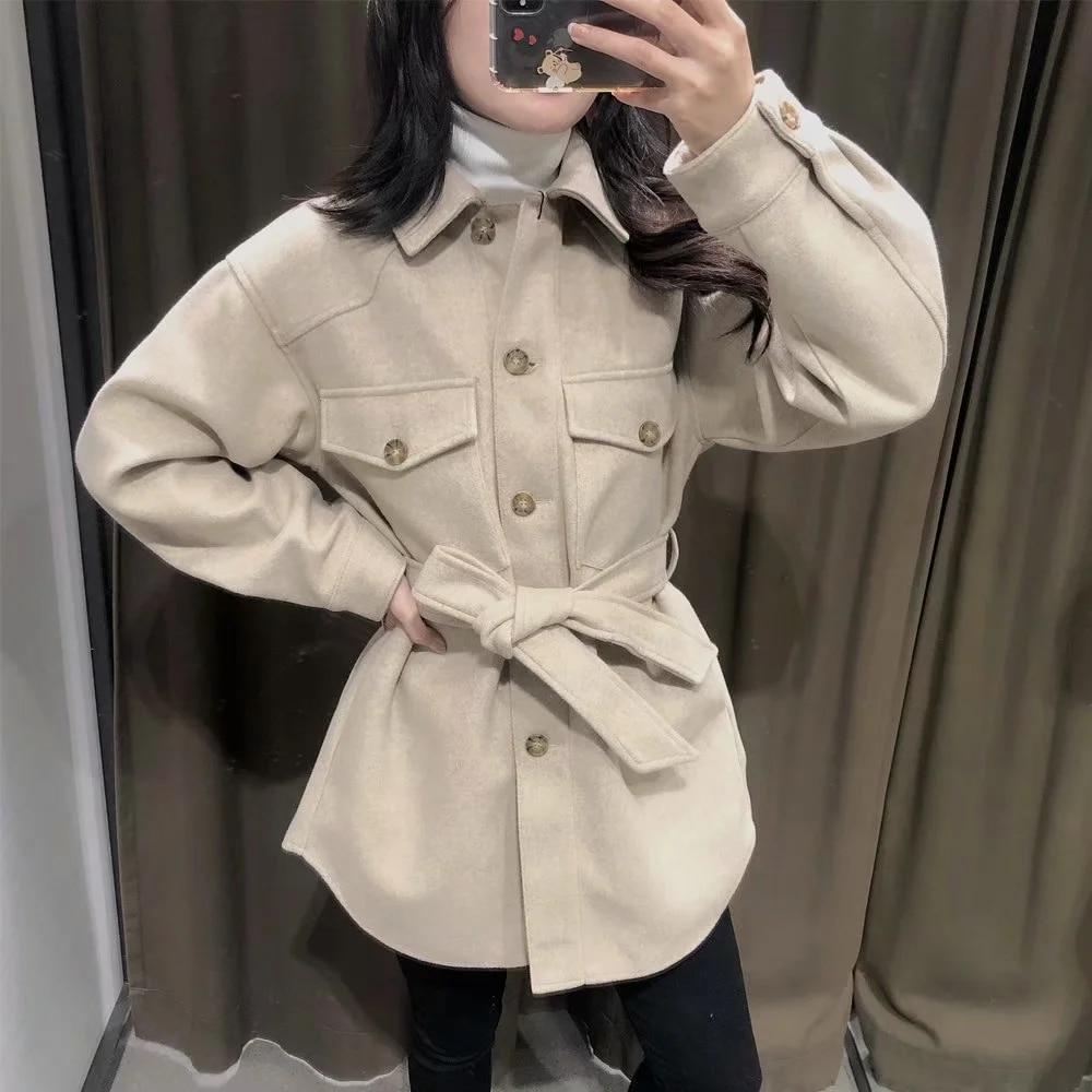 With Belt Loose Woolen Jacket Coat Vintage Long Sleeve Side Pockets