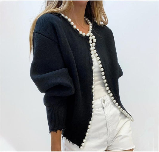 Elegant Pear Buttons Black Cardigans Oversize Long Sleeve Knitted