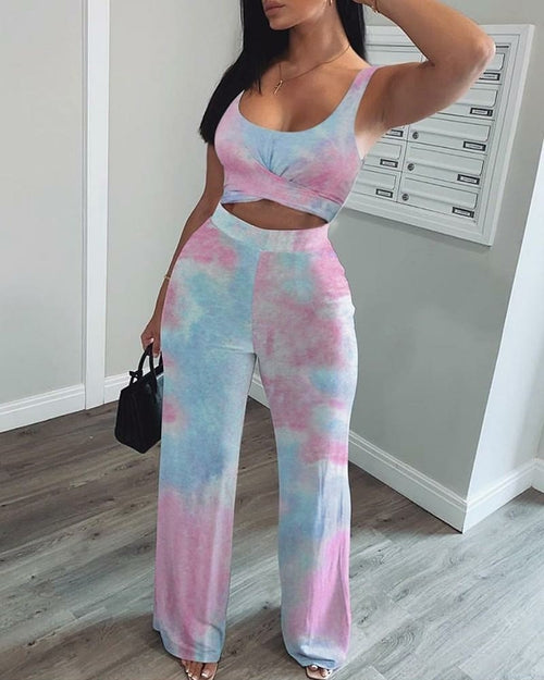 Women Star Print Crop Short Tank Top & Long Pants Set Two Piece Set