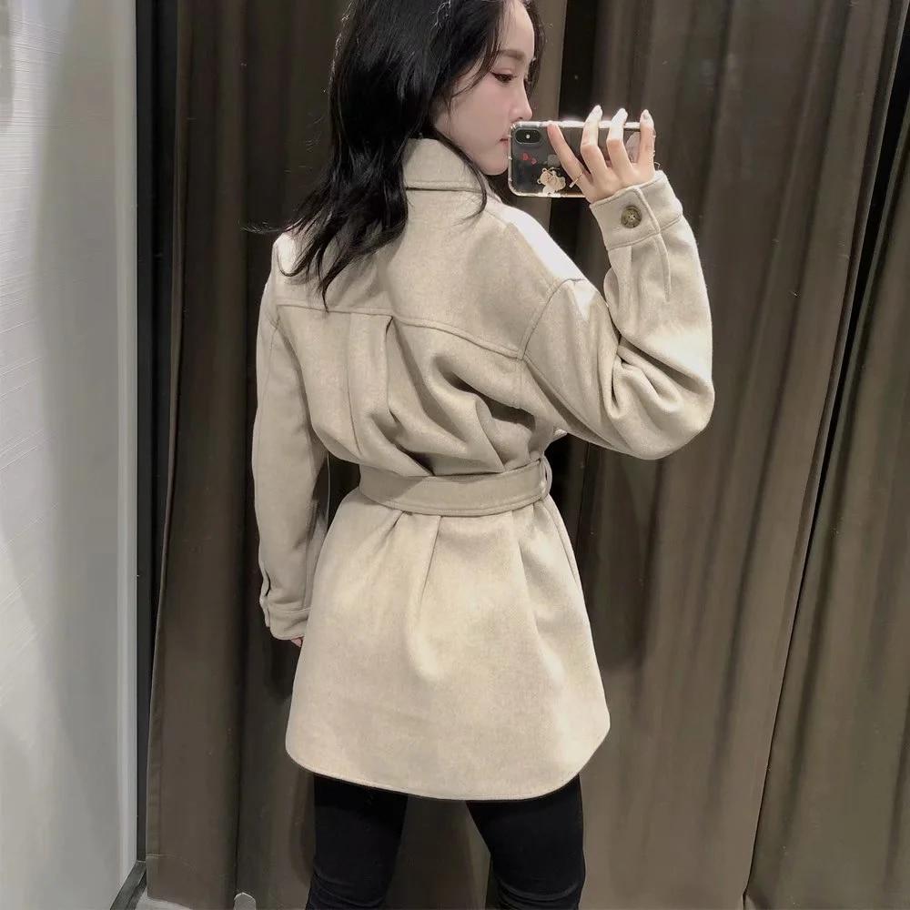 With Belt Loose Woolen Jacket Coat Vintage Long Sleeve Side Pockets