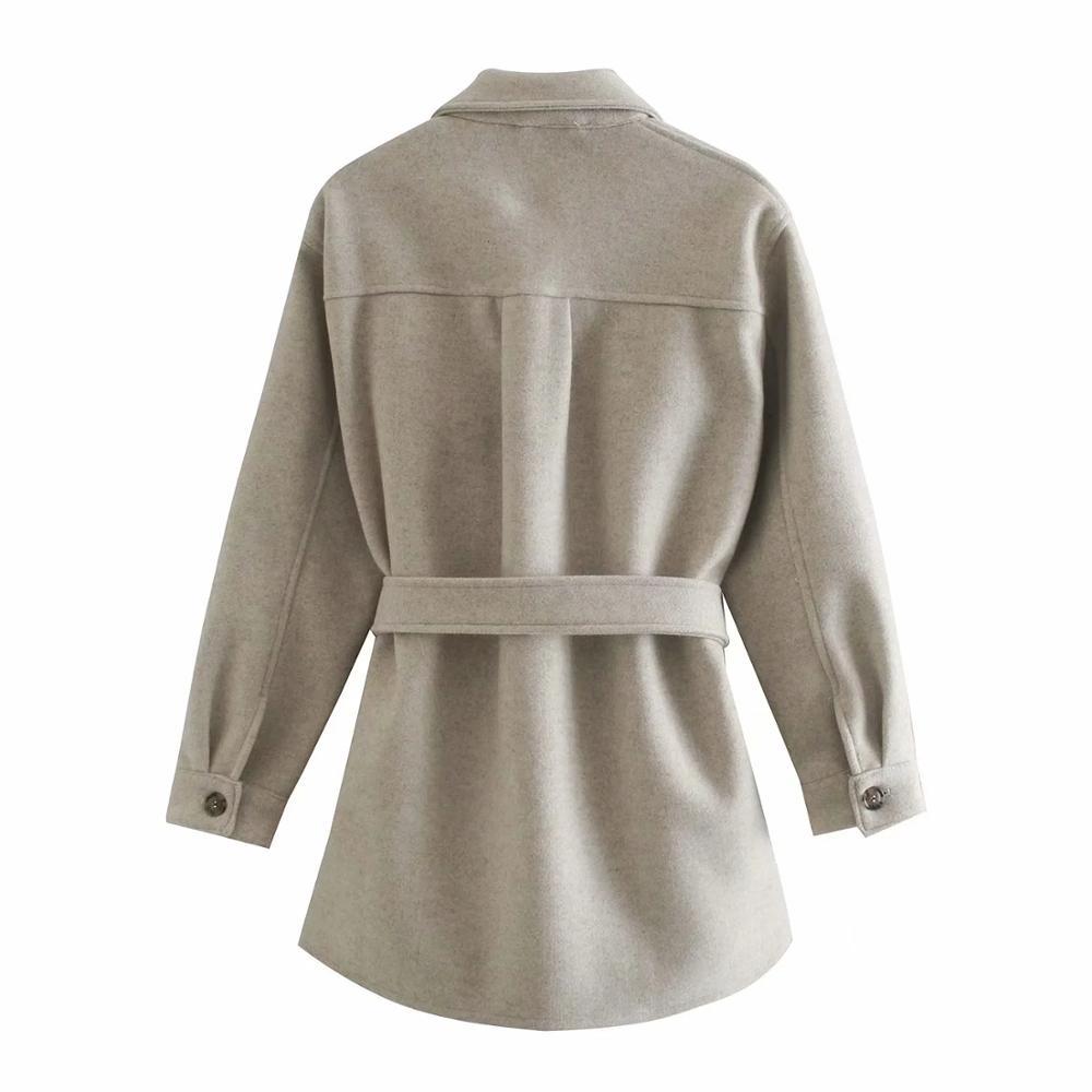 With Belt Loose Woolen Jacket Coat Vintage Long Sleeve Side Pockets