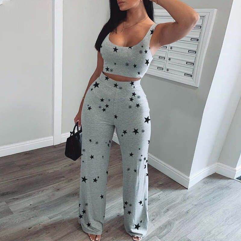 Women Star Print Crop Short Tank Top & Long Pants Set Two Piece Set