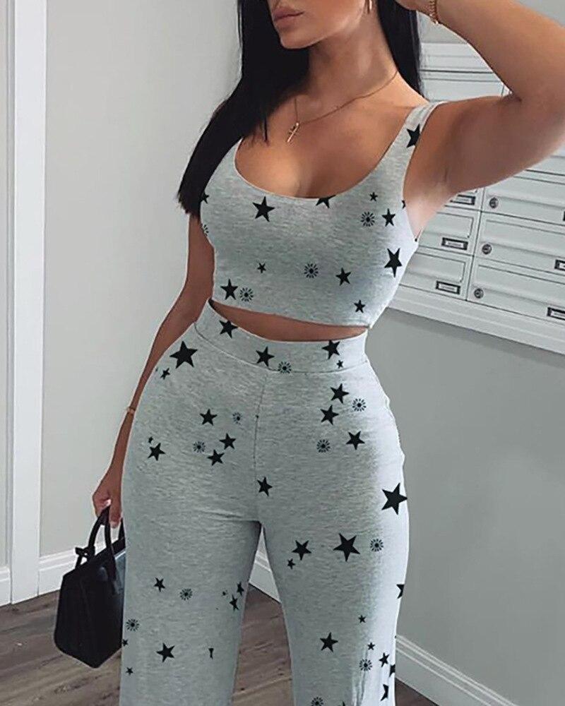 Women Star Print Crop Short Tank Top & Long Pants Set Two Piece Set